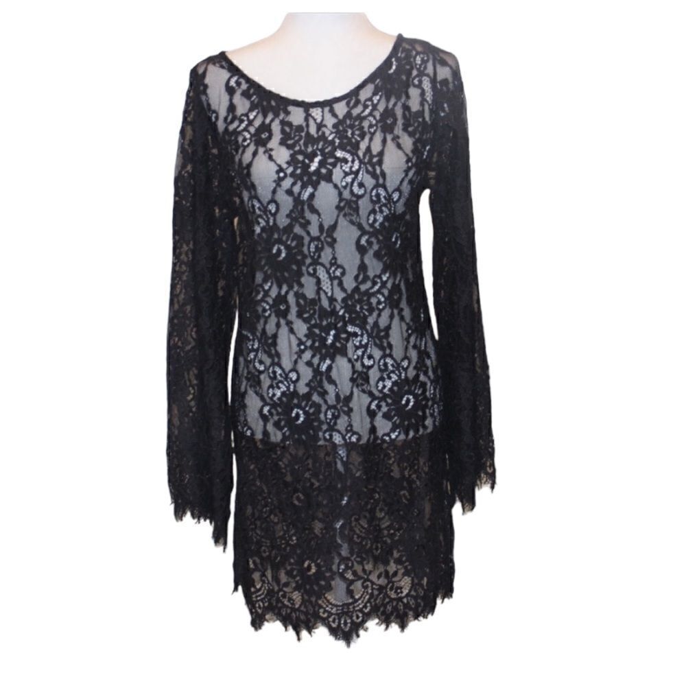 Alexis Black Lace Swim CoverUp Long Sleeve Dress Women Size L